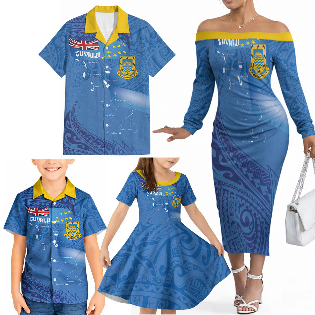 Tuvalu Heritage Family Matching Off The Shoulder Long Sleeve Dress and Hawaiian Shirt Map of the Islands and Polynesia Pattern
