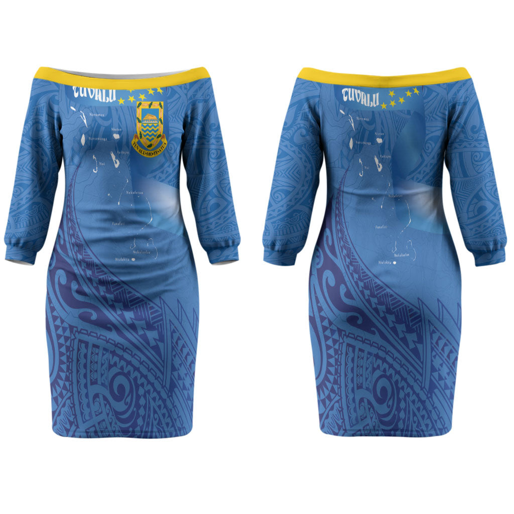 Tuvalu Heritage Family Matching Off The Shoulder Long Sleeve Dress and Hawaiian Shirt Map of the Islands and Polynesia Pattern