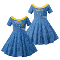 Tuvalu Heritage Family Matching Off The Shoulder Long Sleeve Dress and Hawaiian Shirt Map of the Islands and Polynesia Pattern