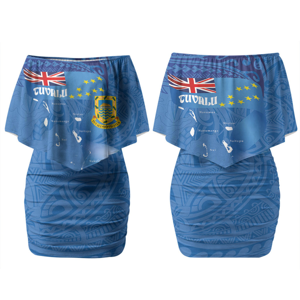 Tuvalu Heritage Family Matching Off Shoulder Short Dress and Hawaiian Shirt Map of the Islands and Polynesia Pattern