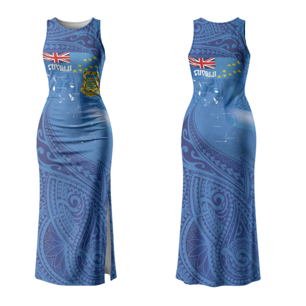 Tuvalu Heritage Family Matching Tank Maxi Dress and Hawaiian Shirt Map of the Islands and Polynesia Pattern