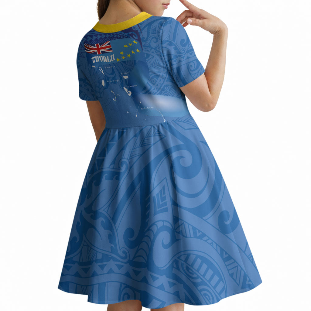 Tuvalu Heritage Kid Short Sleeve Dress Map of the Islands and Polynesia Pattern