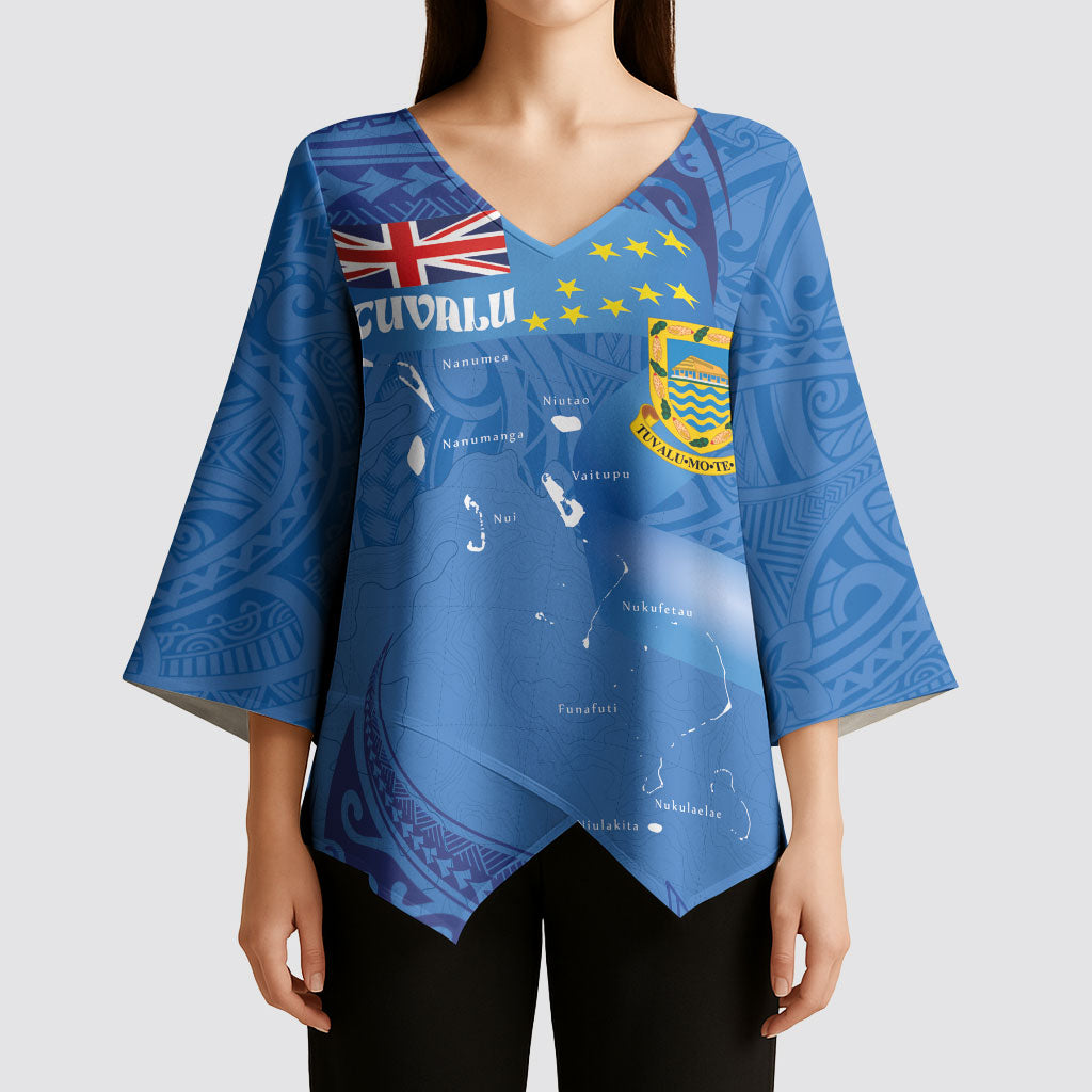 Tuvalu Heritage Kimono Sleeve Blouse Map of the Islands and Polynesia Pattern