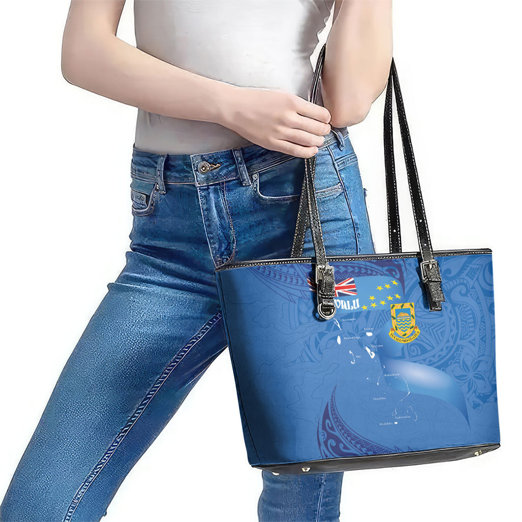 Tuvalu Heritage Leather Tote Bag Map of the Islands and Polynesia Pattern