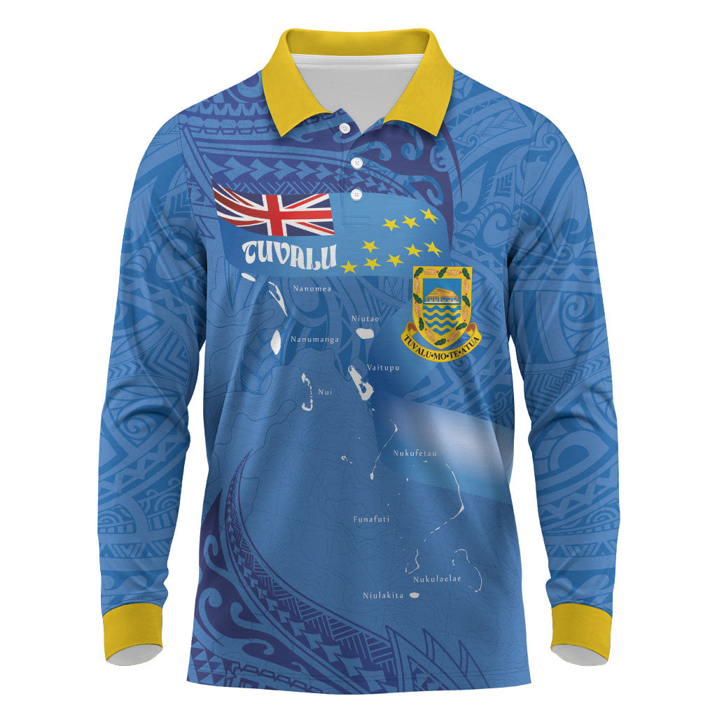 Tuvalu Heritage Long Sleeve Polo Shirt Map of the Islands and Polynesia Pattern