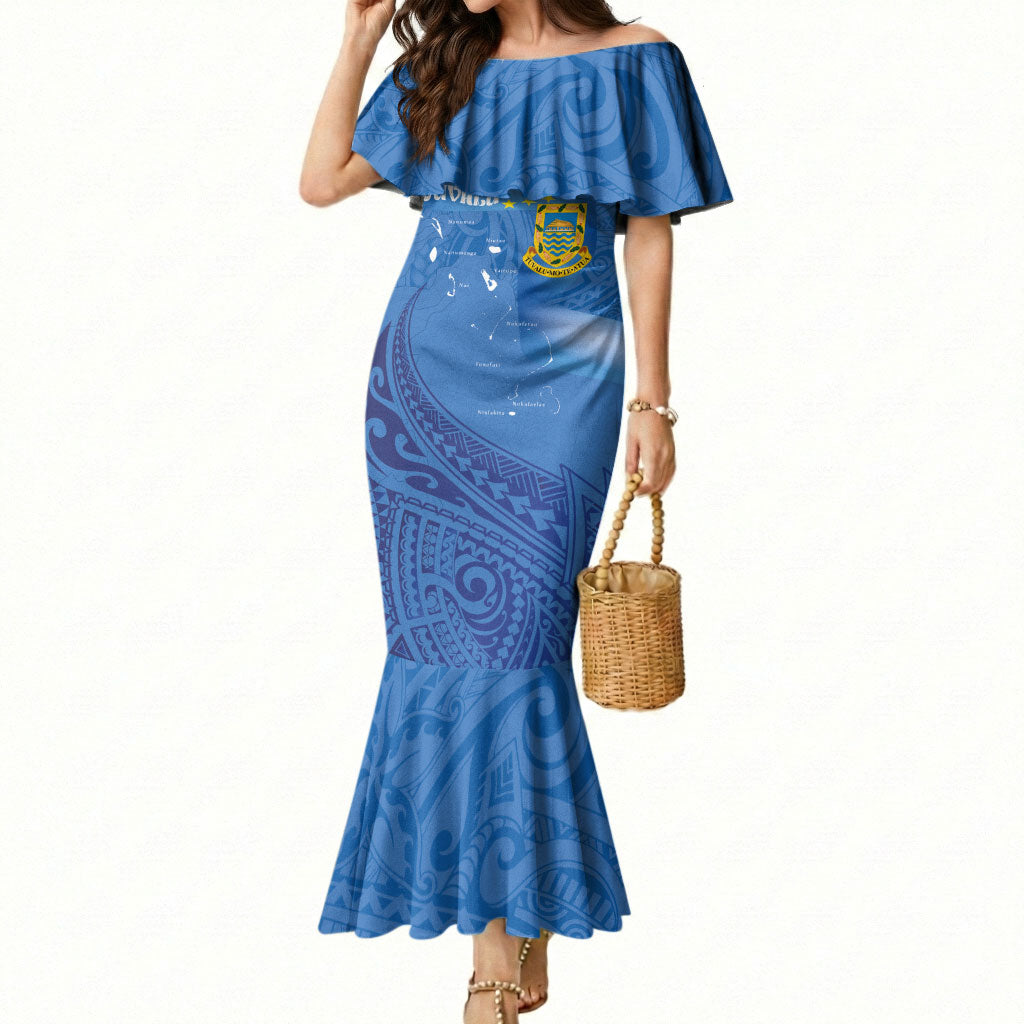 Tuvalu Heritage Mermaid Dress Map of the Islands and Polynesia Pattern