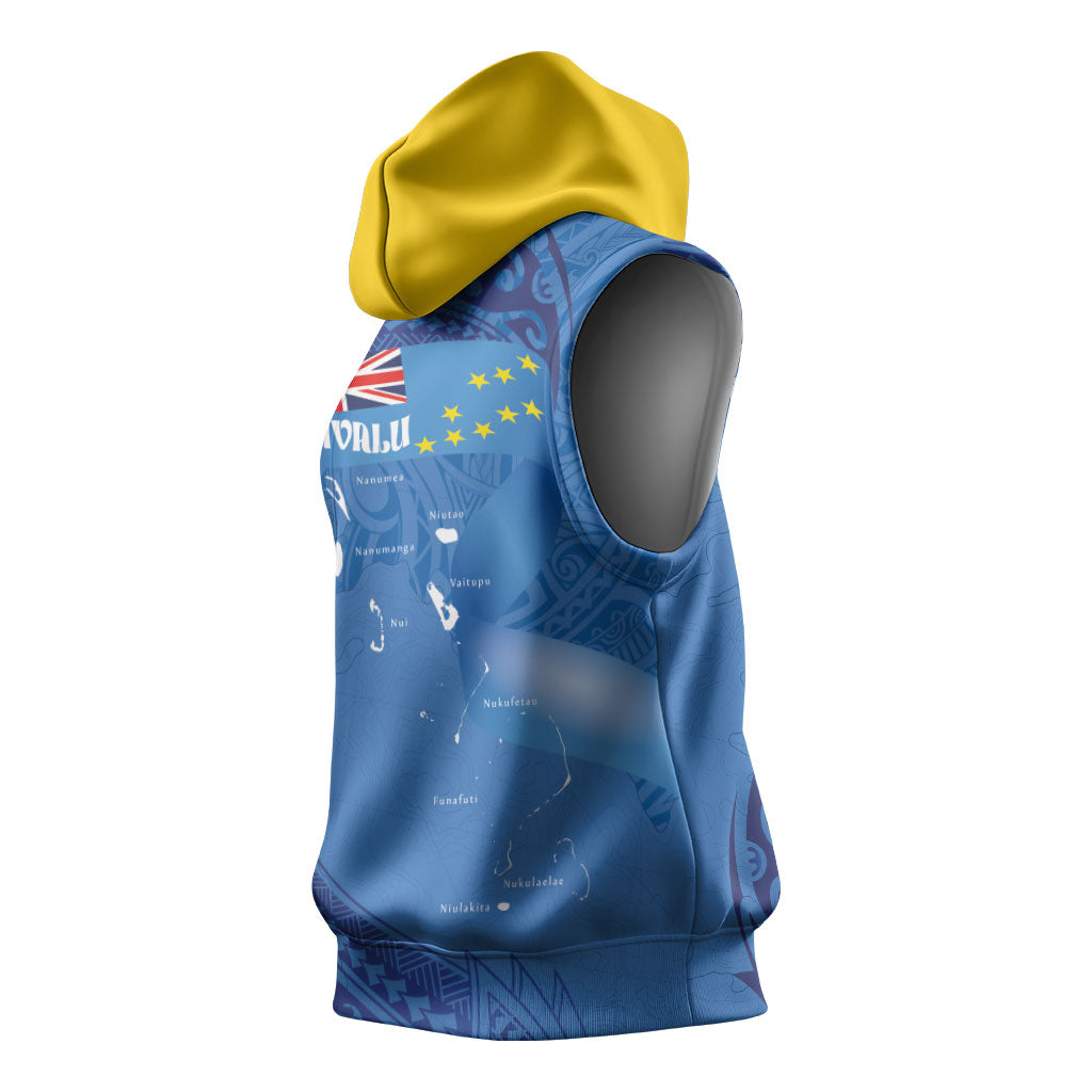 Tuvalu Heritage Sleeveless Hoodie Map of the Islands and Polynesia Pattern