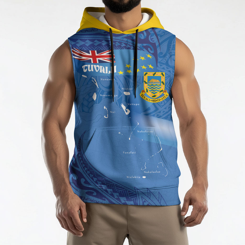 Tuvalu Heritage Sleeveless Hoodie Map of the Islands and Polynesia Pattern
