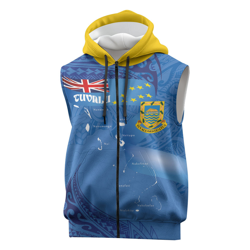 Tuvalu Heritage Sleeveless Zip Hoodie Map of the Islands and Polynesia Pattern