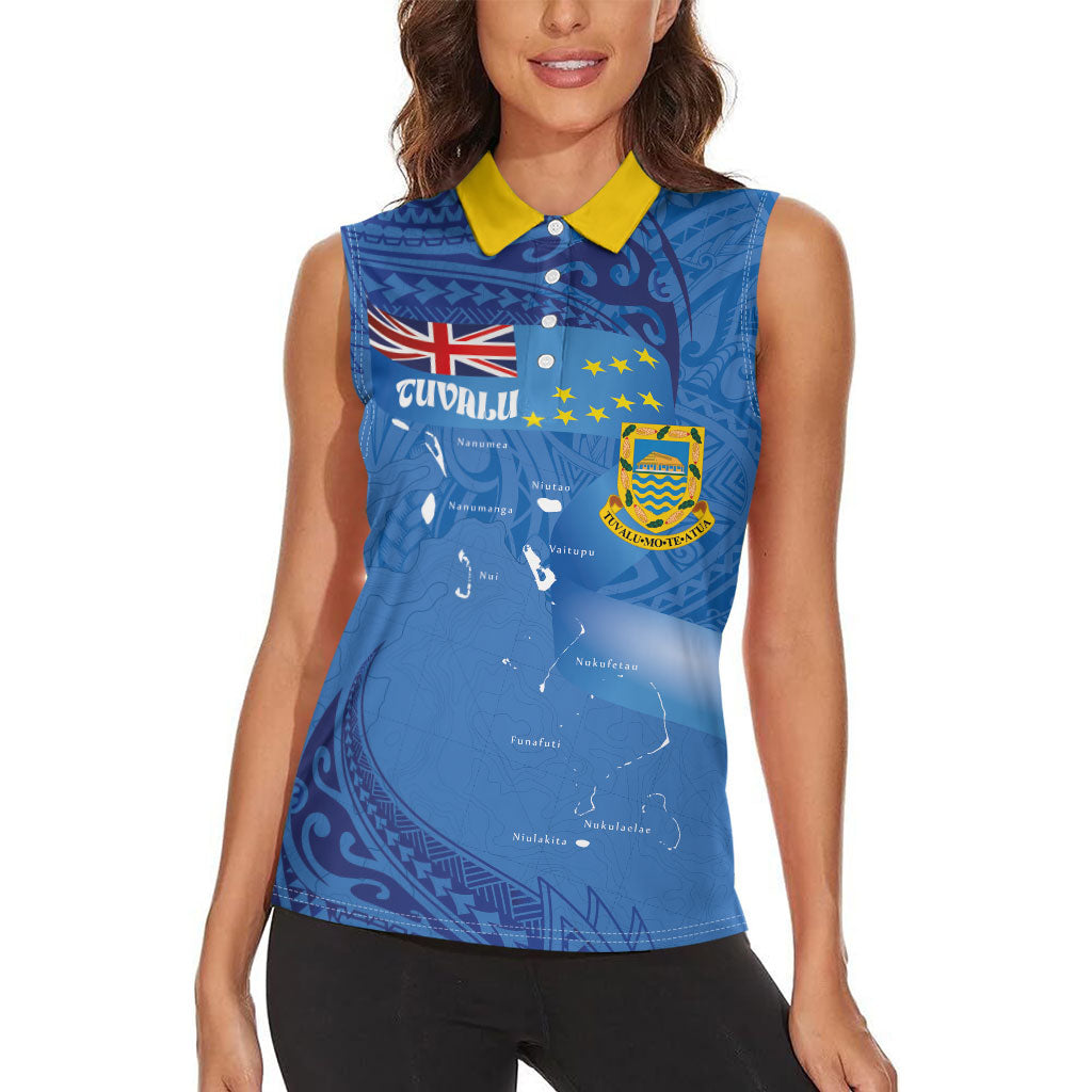 Tuvalu Heritage Women Sleeveless Polo Shirt Map of the Islands and Polynesia Pattern
