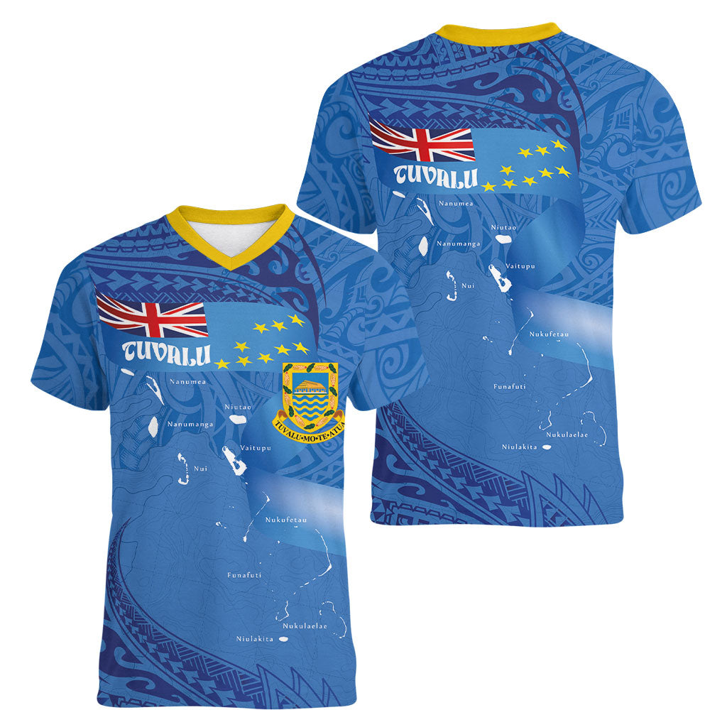 Tuvalu Heritage Women V-Neck T-Shirt Map of the Islands and Polynesia Pattern