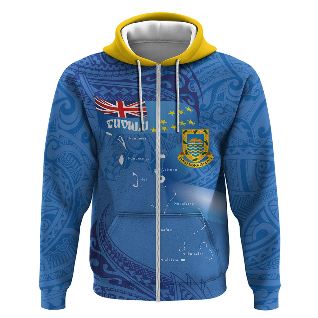 Tuvalu Heritage Zip Hoodie Map of the Islands and Polynesia Pattern LT03 Zip Hoodie Blue - Polynesian Pride