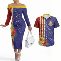 Kiribati Heritage Couples Matching Off The Shoulder Long Sleeve Dress and Hawaiian Shirt Map of the Islands and Polynesia Pattern
