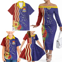 Kiribati Heritage Family Matching Off The Shoulder Long Sleeve Dress and Hawaiian Shirt Map of the Islands and Polynesia Pattern
