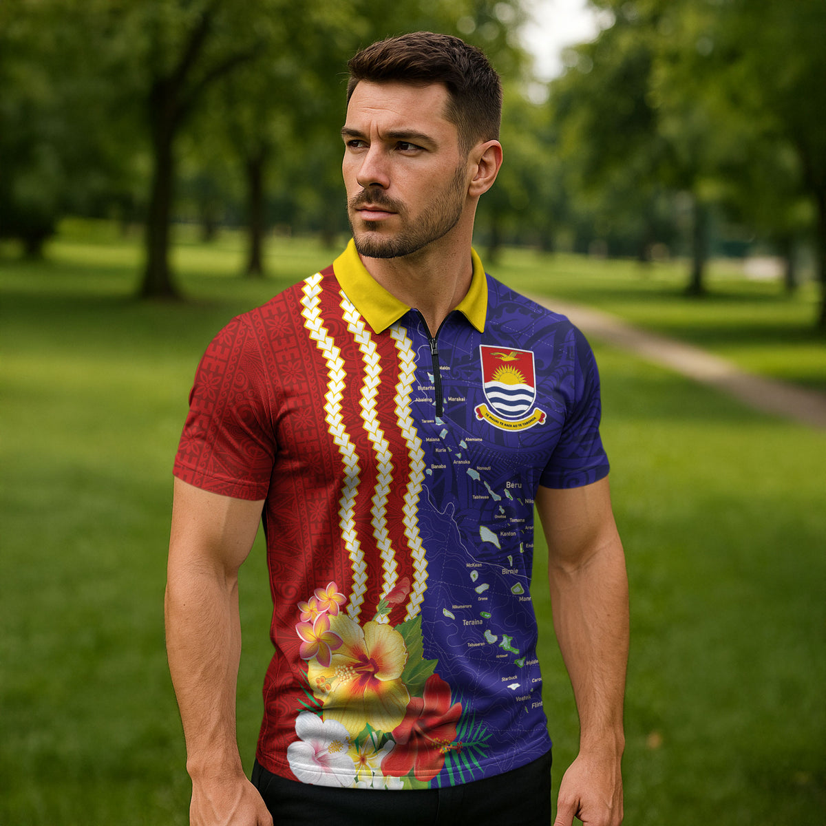 Kiribati Heritage Zipper Polo Shirt Map of the Islands and Polynesia Pattern