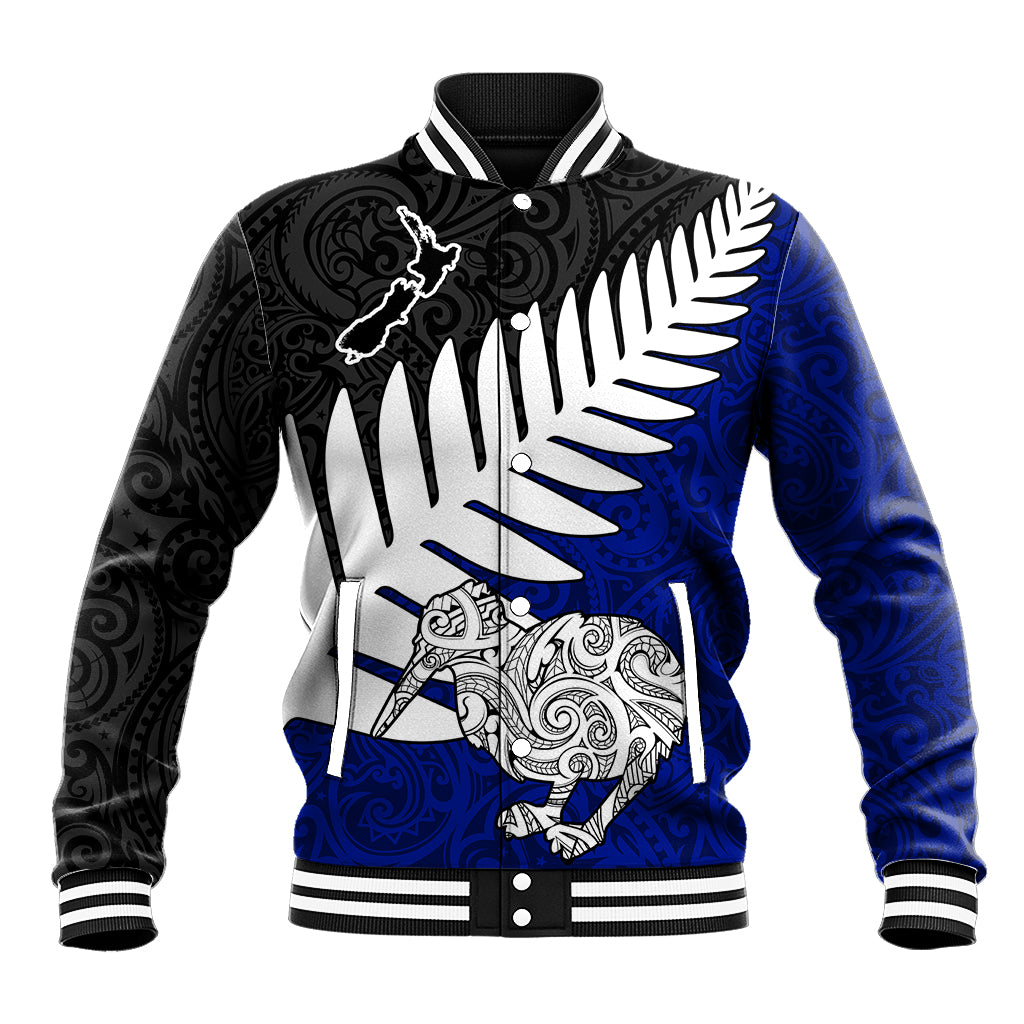 Aotearoa New Zealand Baseball Jacket Silver Fern Kiwi Bird and NZ Map with Maori Tribal Blue Style LT03 Unisex Blue - Polynesian Pride