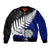 Aotearoa New Zealand Bomber Jacket Silver Fern Kiwi Bird and NZ Map with Maori Tribal Blue Style LT03 Unisex Blue - Polynesian Pride