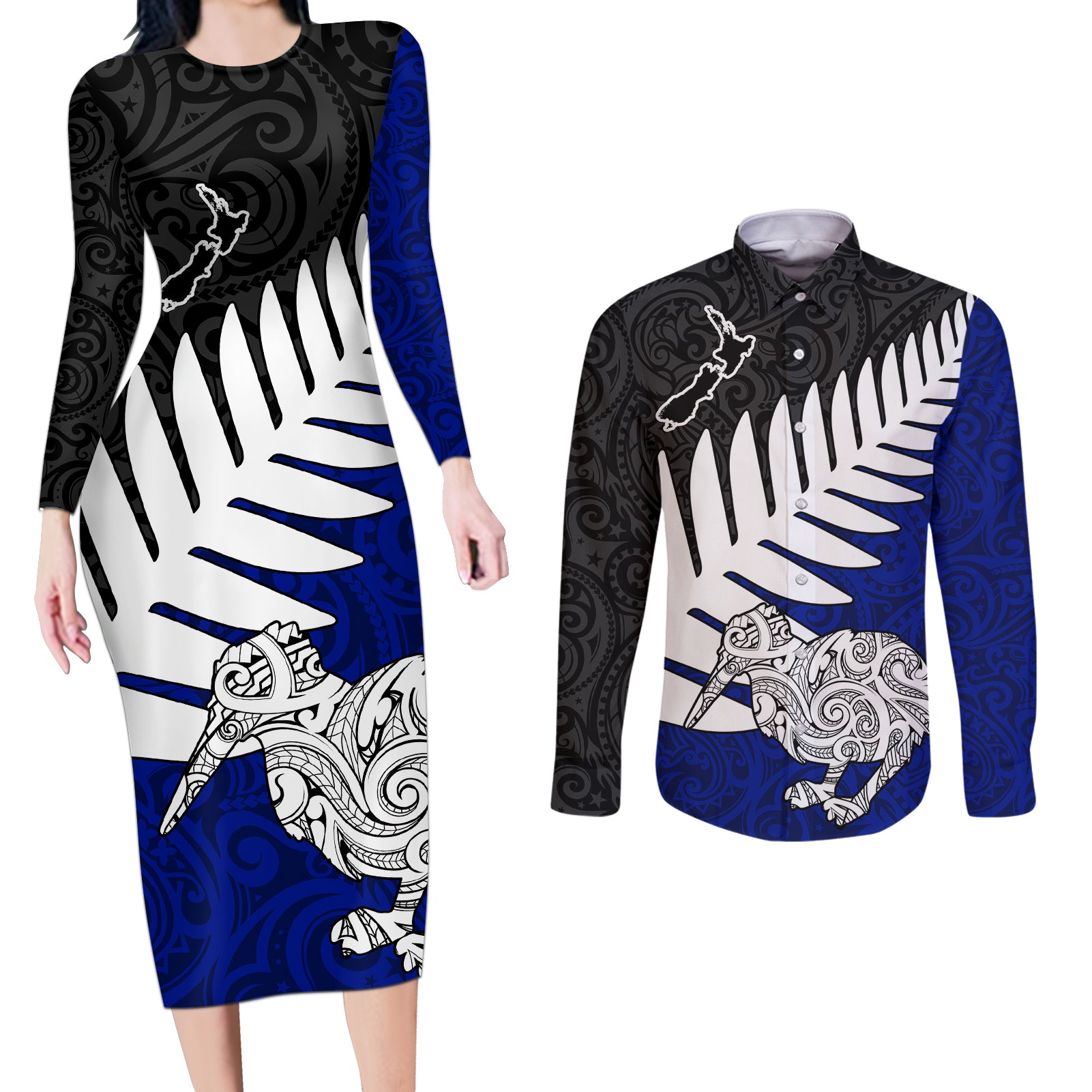 Aotearoa New Zealand Couples Matching Long Sleeve Bodycon Dress and Long Sleeve Button Shirts Silver Fern Kiwi Bird and NZ Map with Maori Tribal Blue Style LT03 Blue - Polynesian Pride