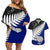 Aotearoa New Zealand Couples Matching Off Shoulder Short Dress and Hawaiian Shirt Silver Fern Kiwi Bird and NZ Map with Maori Tribal Blue Style LT03 Blue - Polynesian Pride