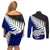 Aotearoa New Zealand Couples Matching Off Shoulder Short Dress and Long Sleeve Button Shirts Silver Fern Kiwi Bird and NZ Map with Maori Tribal Blue Style LT03 - Polynesian Pride