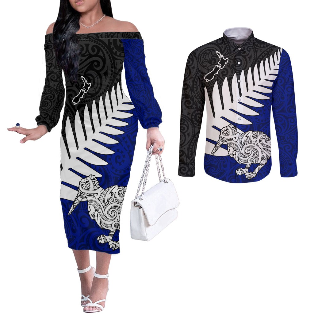 Aotearoa New Zealand Couples Matching Off The Shoulder Long Sleeve Dress and Long Sleeve Button Shirts Silver Fern Kiwi Bird and NZ Map with Maori Tribal Blue Style LT03 Blue - Polynesian Pride