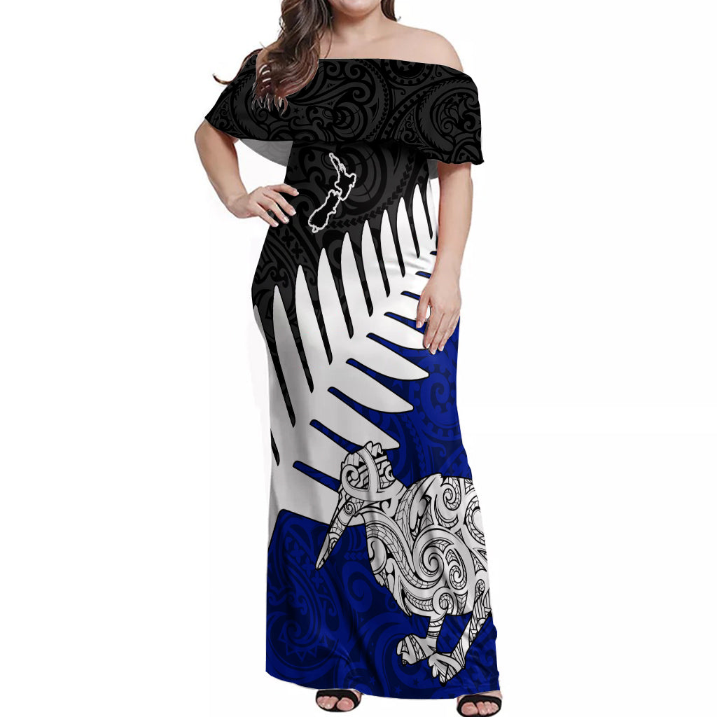 Aotearoa New Zealand Off Shoulder Maxi Dress Silver Fern Kiwi Bird and NZ Map with Maori Tribal Blue Style LT03 Women Blue - Polynesian Pride