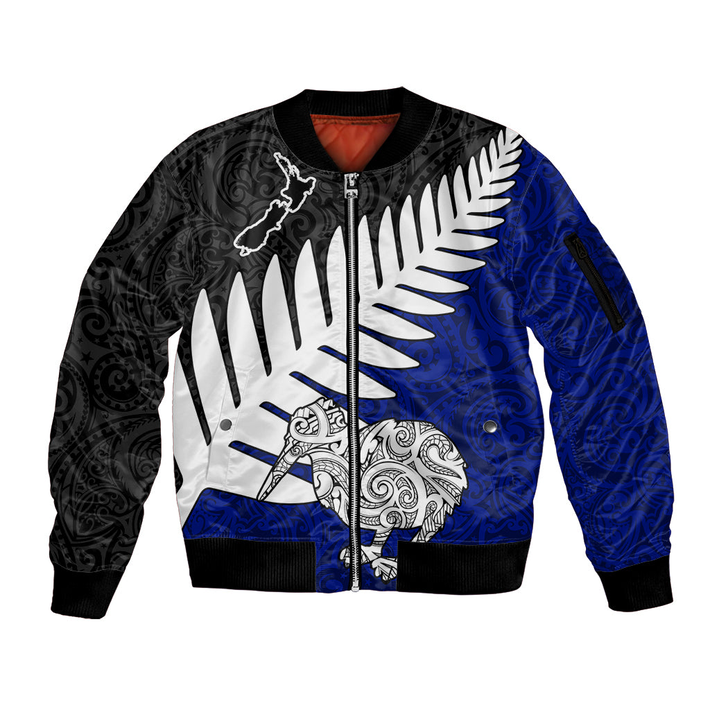 Aotearoa New Zealand Sleeve Zip Bomber Jacket Silver Fern Kiwi Bird and NZ Map with Maori Tribal Blue Style LT03 Unisex Blue - Polynesian Pride