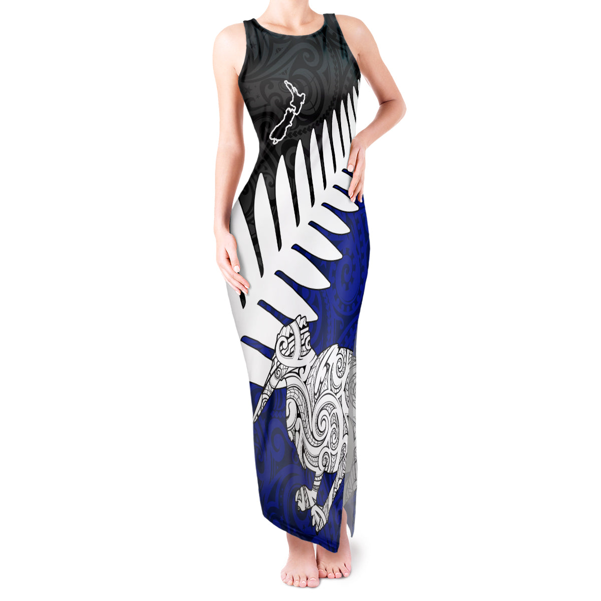 Aotearoa New Zealand Tank Maxi Dress Silver Fern Kiwi Bird and NZ Map with Maori Tribal Blue Style LT03 Women Blue - Polynesian Pride