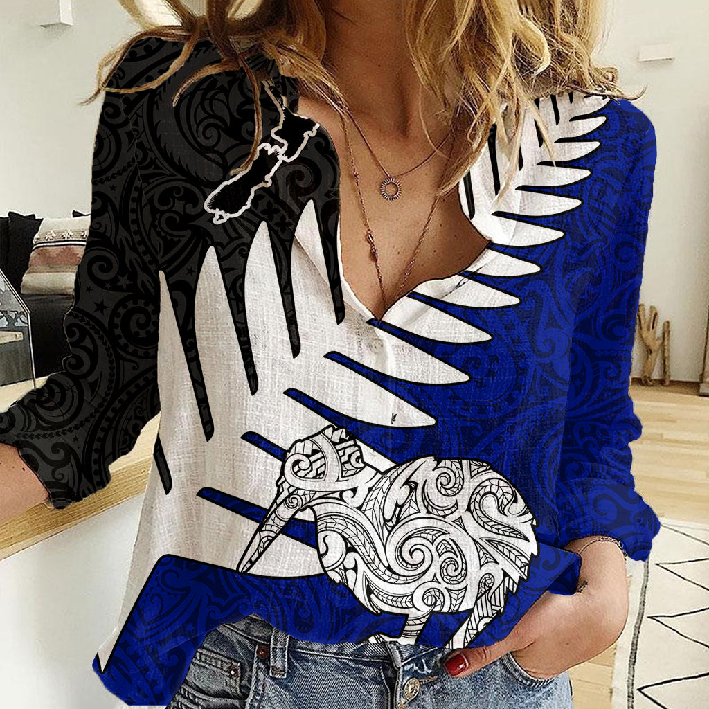 Aotearoa New Zealand Women Casual Shirt Silver Fern Kiwi Bird and NZ Map with Maori Tribal Blue Style LT03 Female Blue - Polynesian Pride