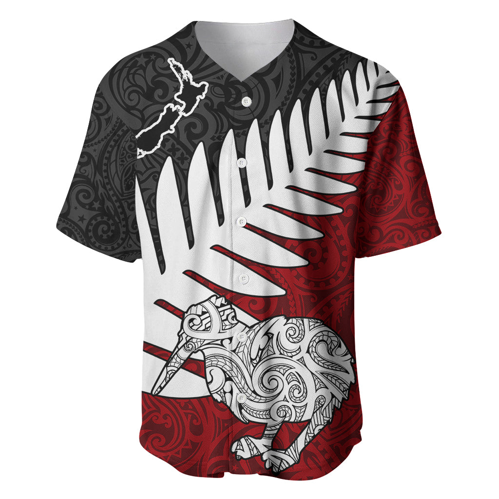 Aotearoa New Zealand Baseball Jersey Silver Fern Kiwi Bird and NZ Map with Maori Tribal Red Style LT03 Pink - Polynesian Pride