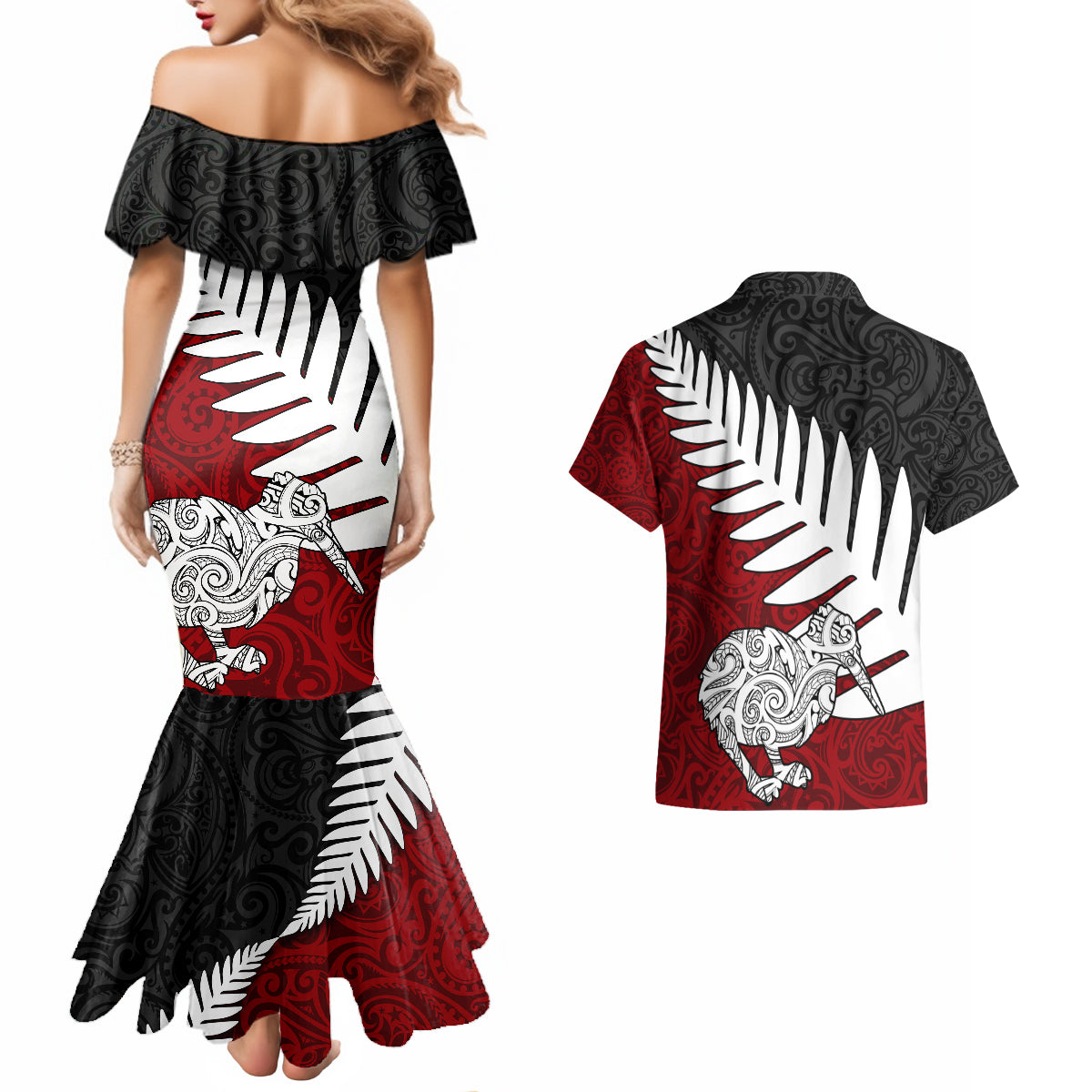 Aotearoa New Zealand Couples Matching Mermaid Dress and Hawaiian Shirt Silver Fern Kiwi Bird and NZ Map with Maori Tribal Red Style LT03 - Polynesian Pride