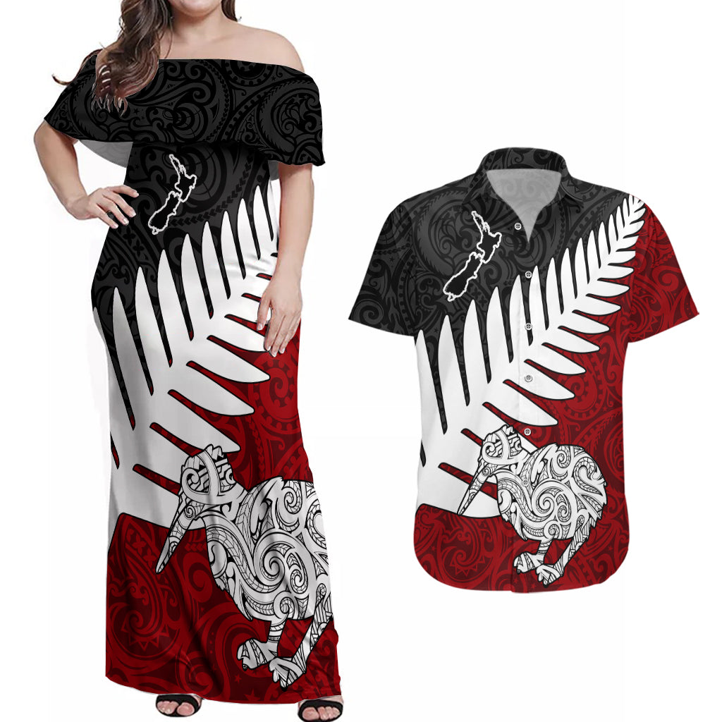 Aotearoa New Zealand Couples Matching Off Shoulder Maxi Dress and Hawaiian Shirt Silver Fern Kiwi Bird and NZ Map with Maori Tribal Red Style LT03 Pink - Polynesian Pride