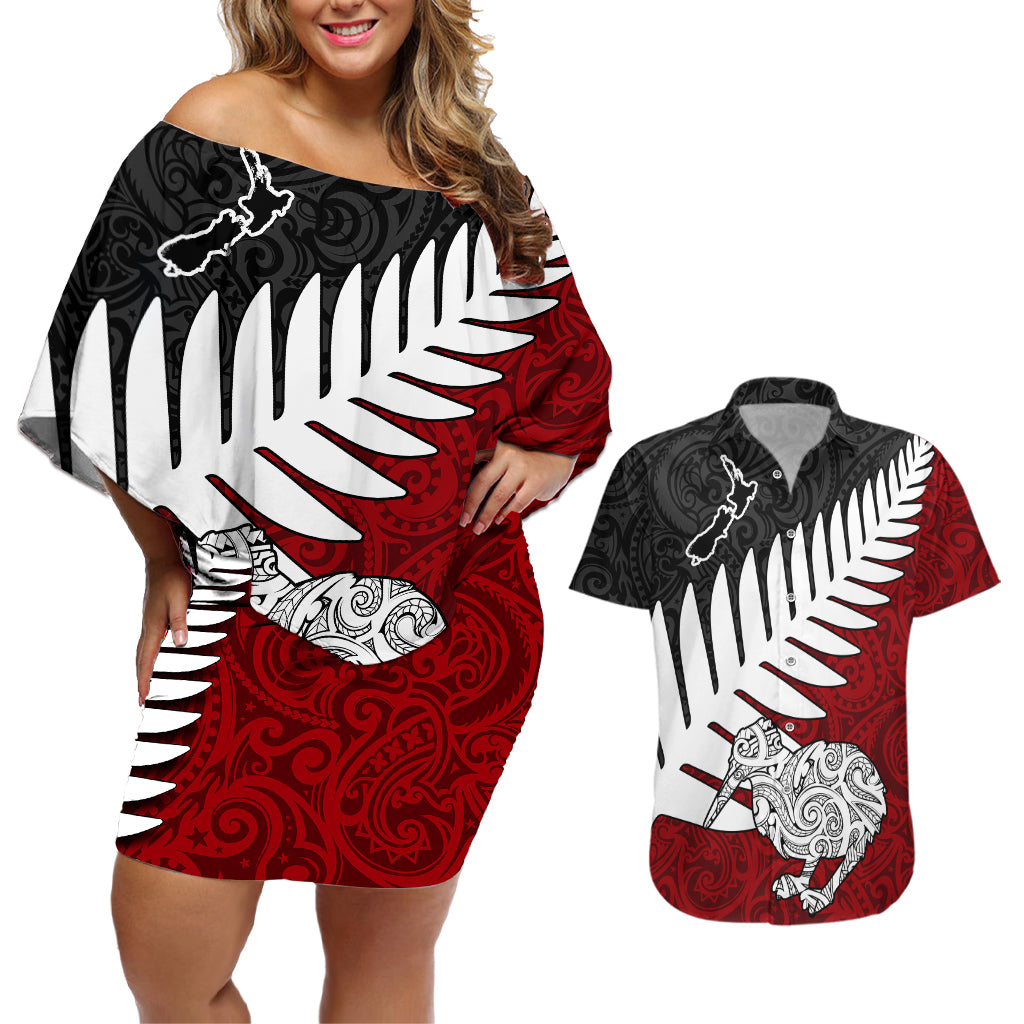 Aotearoa New Zealand Couples Matching Off Shoulder Short Dress and Hawaiian Shirt Silver Fern Kiwi Bird and NZ Map with Maori Tribal Red Style LT03 Pink - Polynesian Pride