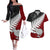 Aotearoa New Zealand Couples Matching Off The Shoulder Long Sleeve Dress and Hawaiian Shirt Silver Fern Kiwi Bird and NZ Map with Maori Tribal Red Style LT03 Pink - Polynesian Pride