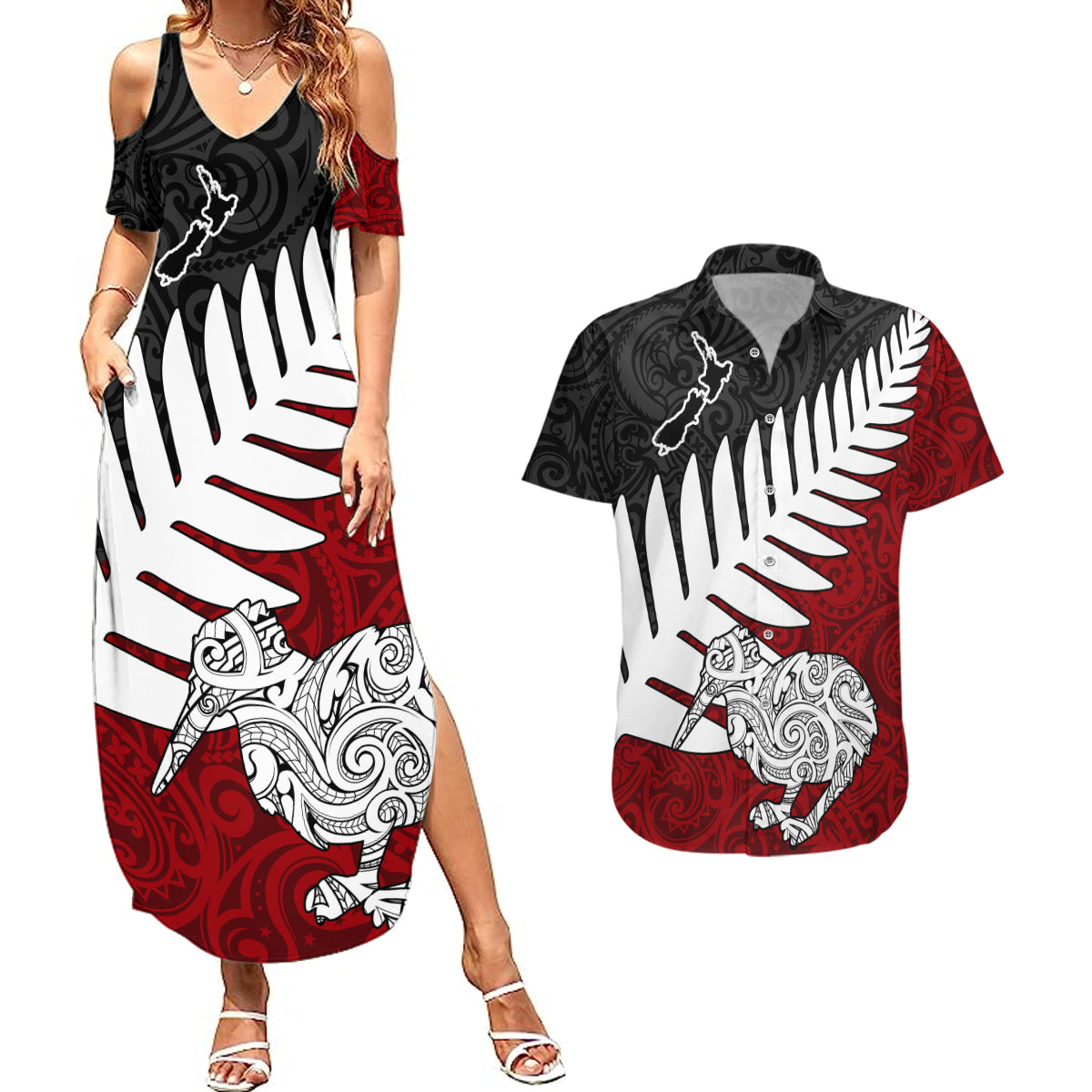 Aotearoa New Zealand Couples Matching Summer Maxi Dress and Hawaiian Shirt Silver Fern Kiwi Bird and NZ Map with Maori Tribal Red Style LT03 Pink - Polynesian Pride