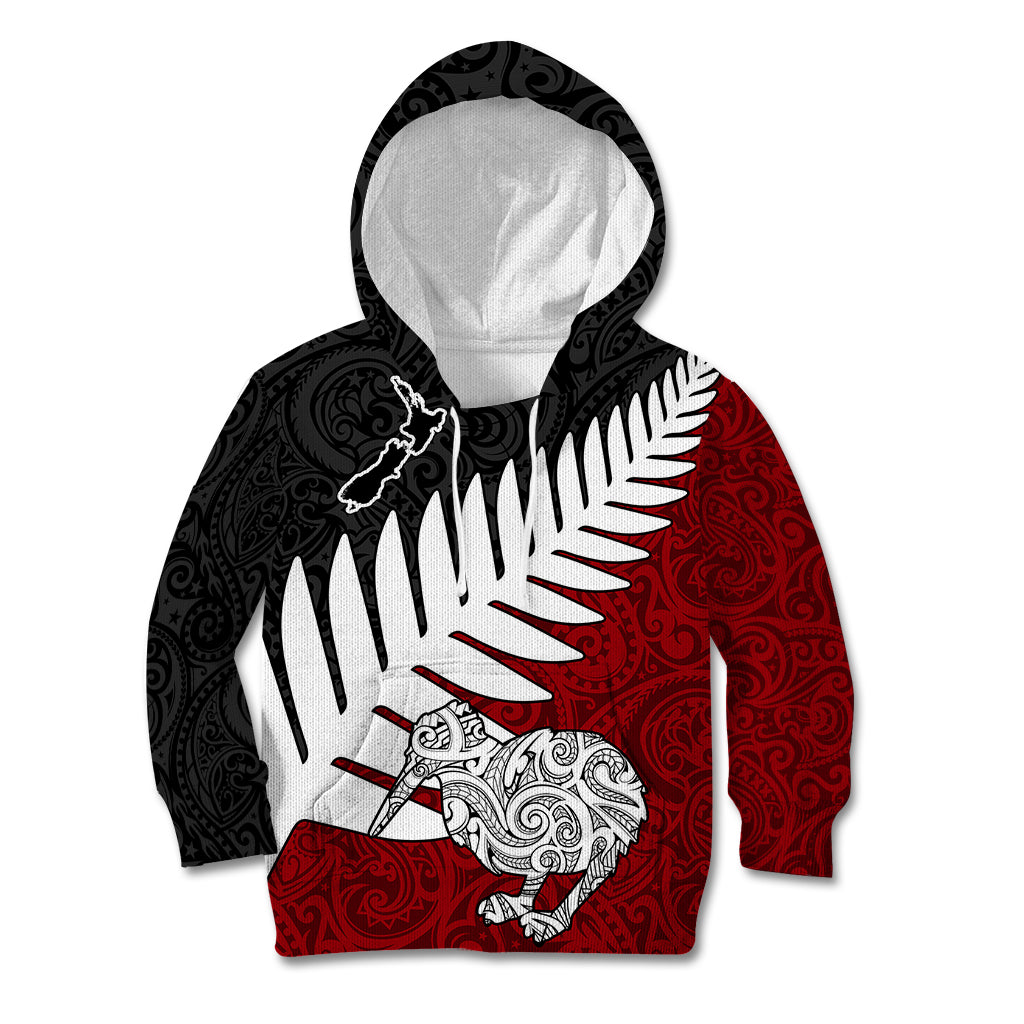 Aotearoa New Zealand Kid Hoodie Silver Fern Kiwi Bird and NZ Map with Maori Tribal Red Style LT03 Pink - Polynesian Pride