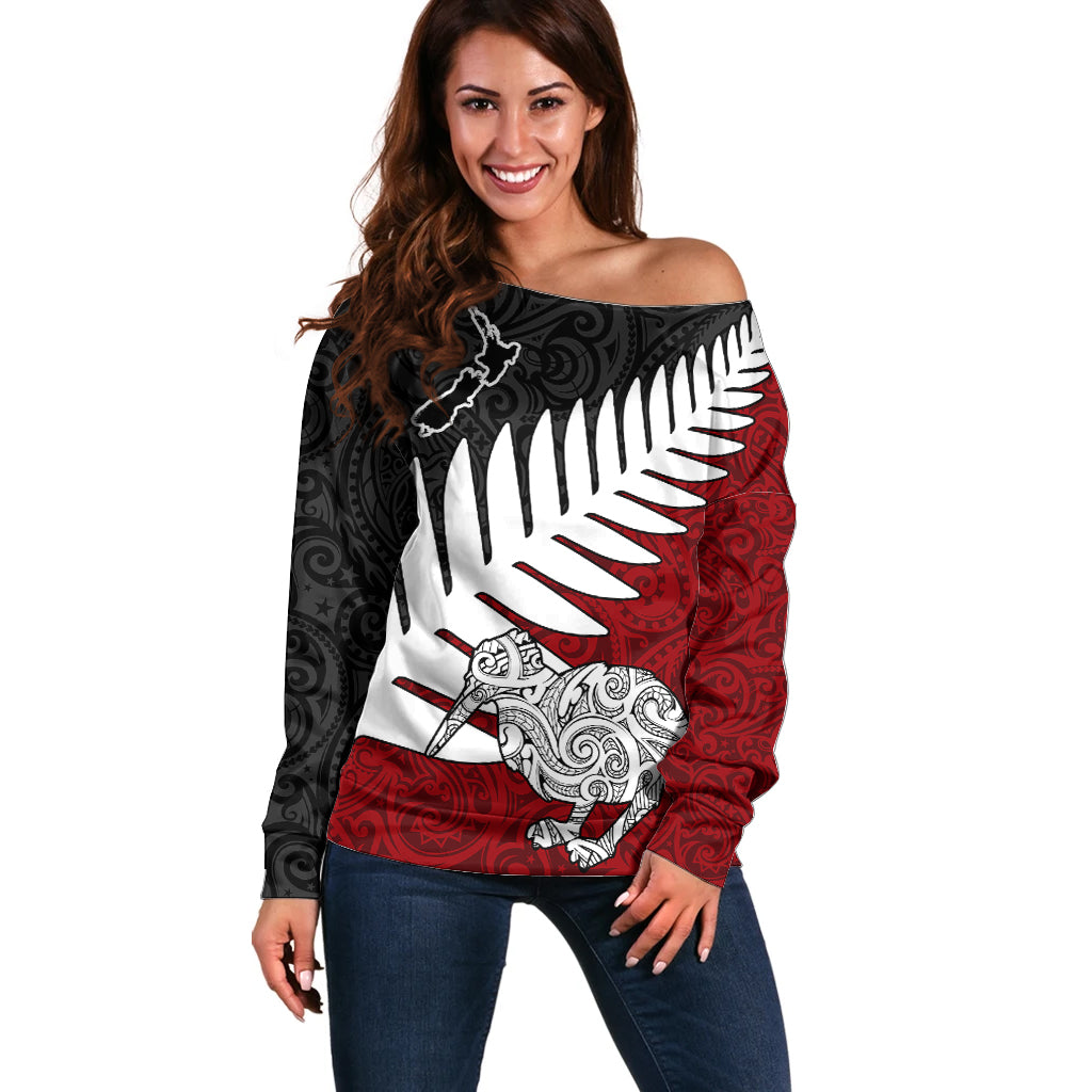 Aotearoa New Zealand Off Shoulder Sweater Silver Fern Kiwi Bird and NZ Map with Maori Tribal Red Style LT03 Women Pink - Polynesian Pride