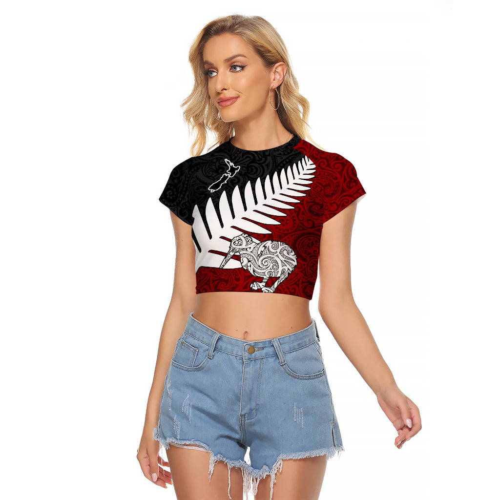 Aotearoa New Zealand Raglan Cropped T Shirt Silver Fern Kiwi Bird and NZ Map with Maori Tribal Red Style LT03 Female Pink - Polynesian Pride