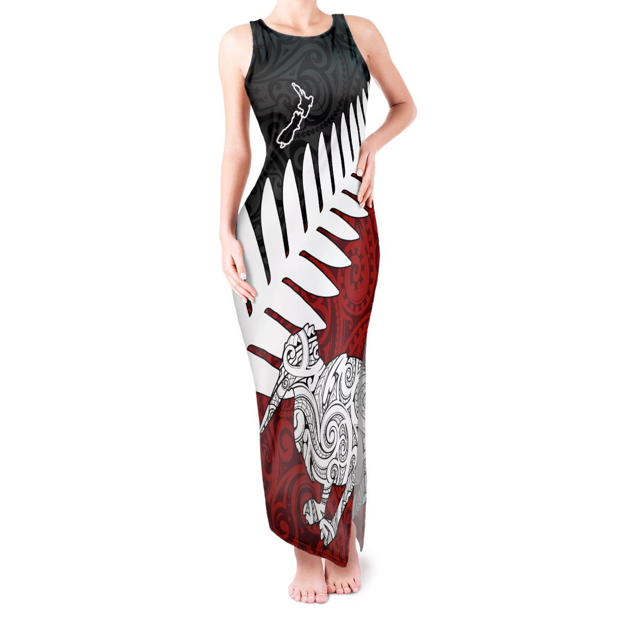 Aotearoa New Zealand Tank Maxi Dress Silver Fern Kiwi Bird and NZ Map with Maori Tribal Red Style LT03 Women Pink - Polynesian Pride