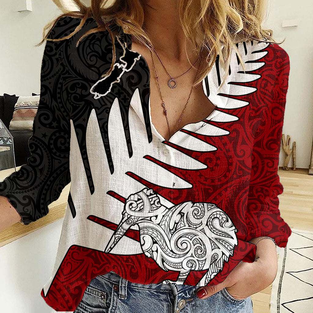 Aotearoa New Zealand Women Casual Shirt Silver Fern Kiwi Bird and NZ Map with Maori Tribal Red Style LT03 Female Pink - Polynesian Pride