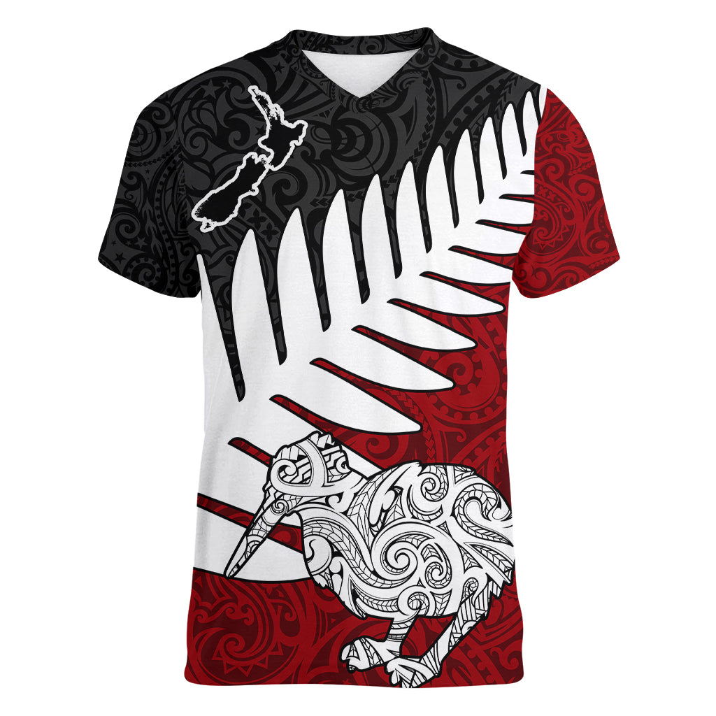 Aotearoa New Zealand Women V Neck T Shirt Silver Fern Kiwi Bird and NZ Map with Maori Tribal Red Style LT03 Female Pink - Polynesian Pride