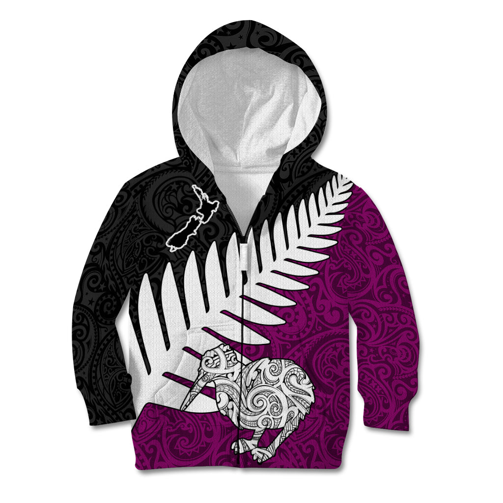 Aotearoa New Zealand Kid Hoodie Silver Fern Kiwi Bird and NZ Map with Maori Tribal Pink Style LT03 - Polynesian Pride