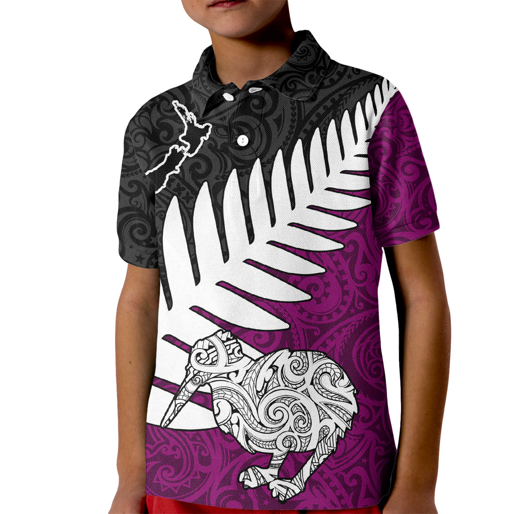 Aotearoa New Zealand Kid Polo Shirt Silver Fern Kiwi Bird and NZ Map with Maori Tribal Pink Style LT03 Kid Red - Polynesian Pride