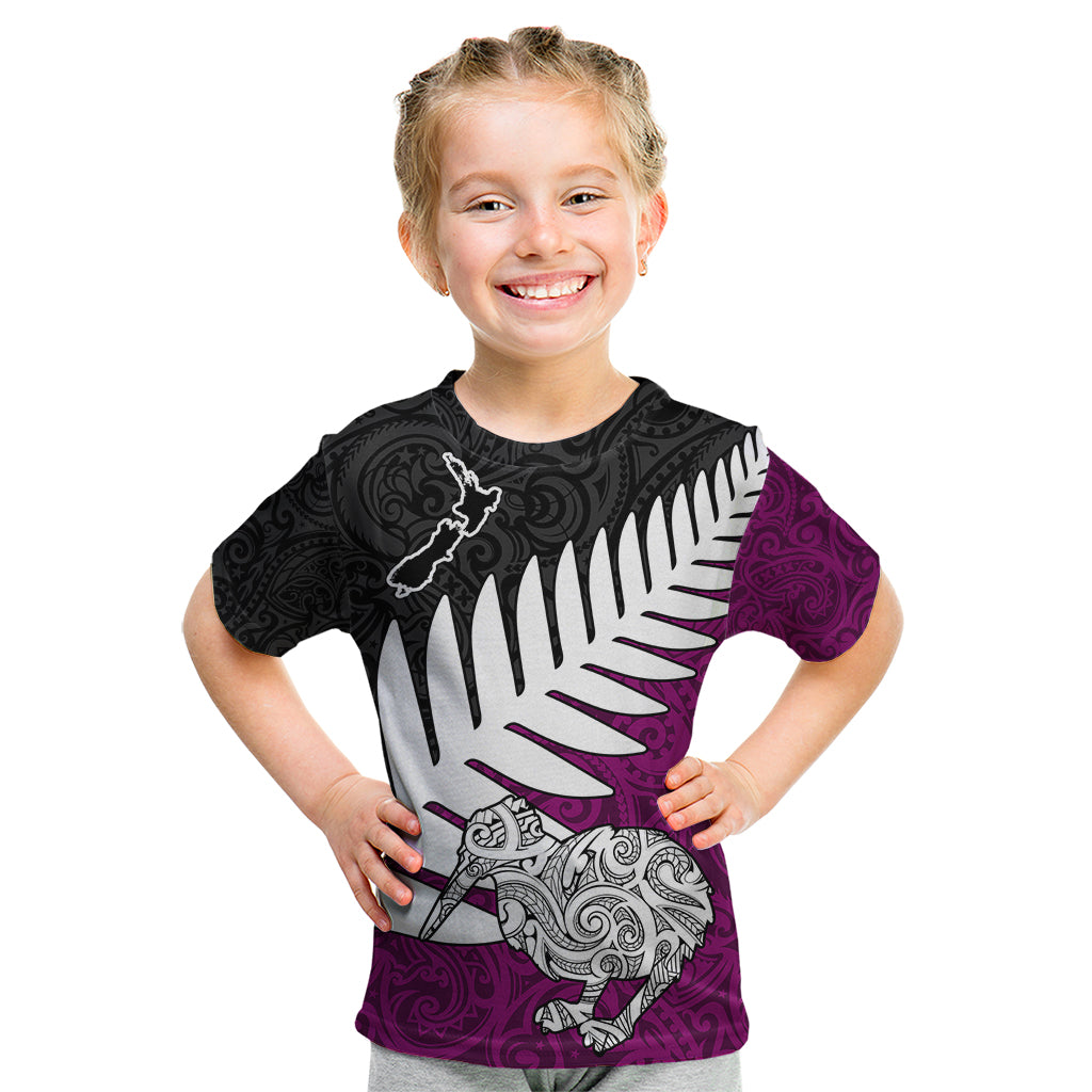 Aotearoa New Zealand Kid T Shirt Silver Fern Kiwi Bird and NZ Map with Maori Tribal Pink Style LT03 Red - Polynesian Pride