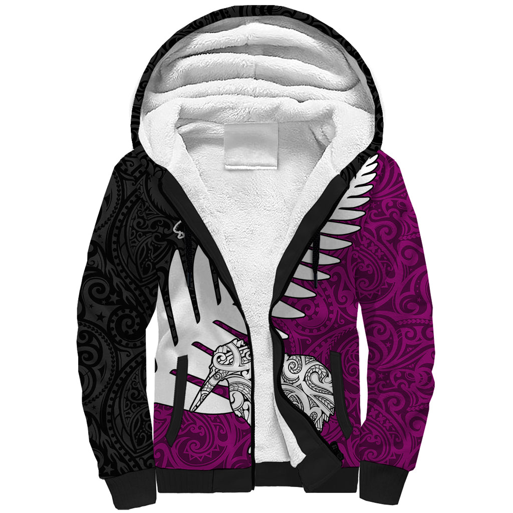 Aotearoa New Zealand Sherpa Hoodie Silver Fern Kiwi Bird and NZ Map with Maori Tribal Pink Style LT03 Unisex Red - Polynesian Pride