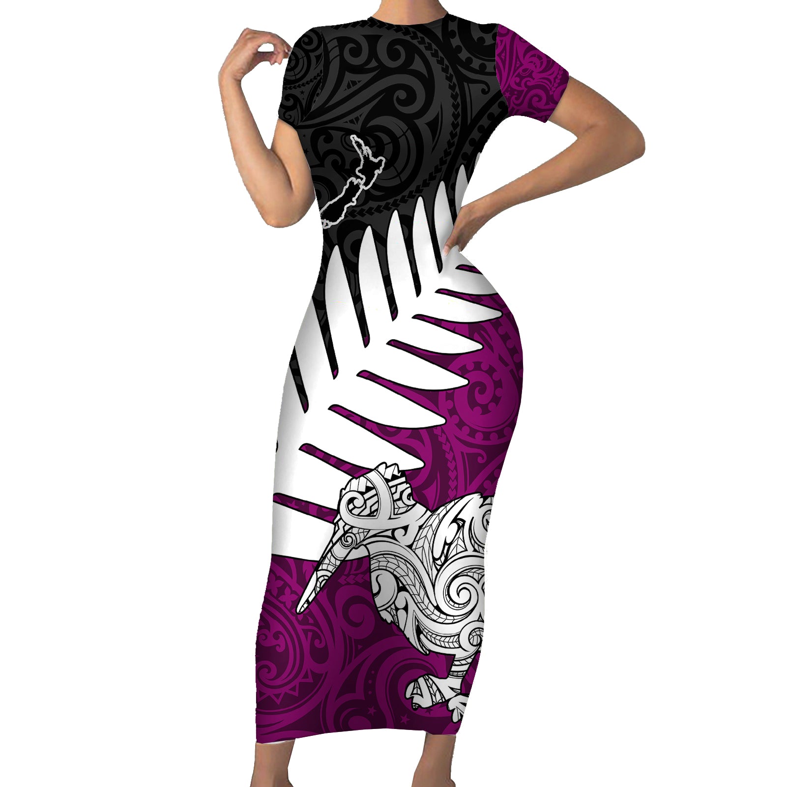 Aotearoa New Zealand Short Sleeve Bodycon Dress Silver Fern Kiwi Bird and NZ Map with Maori Tribal Pink Style LT03 Long Dress Red - Polynesian Pride