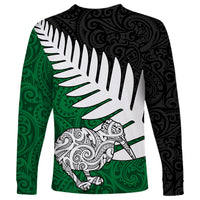 Aotearoa New Zealand Long Sleeve Shirt Silver Fern Kiwi Bird and NZ Map with Maori Tribal Green Style LT03 - Polynesian Pride