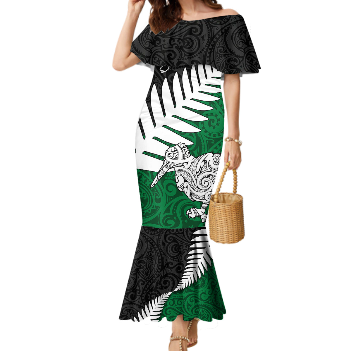 Aotearoa New Zealand Mermaid Dress Silver Fern Kiwi Bird and NZ Map with Maori Tribal Green Style LT03 Women Green - Polynesian Pride