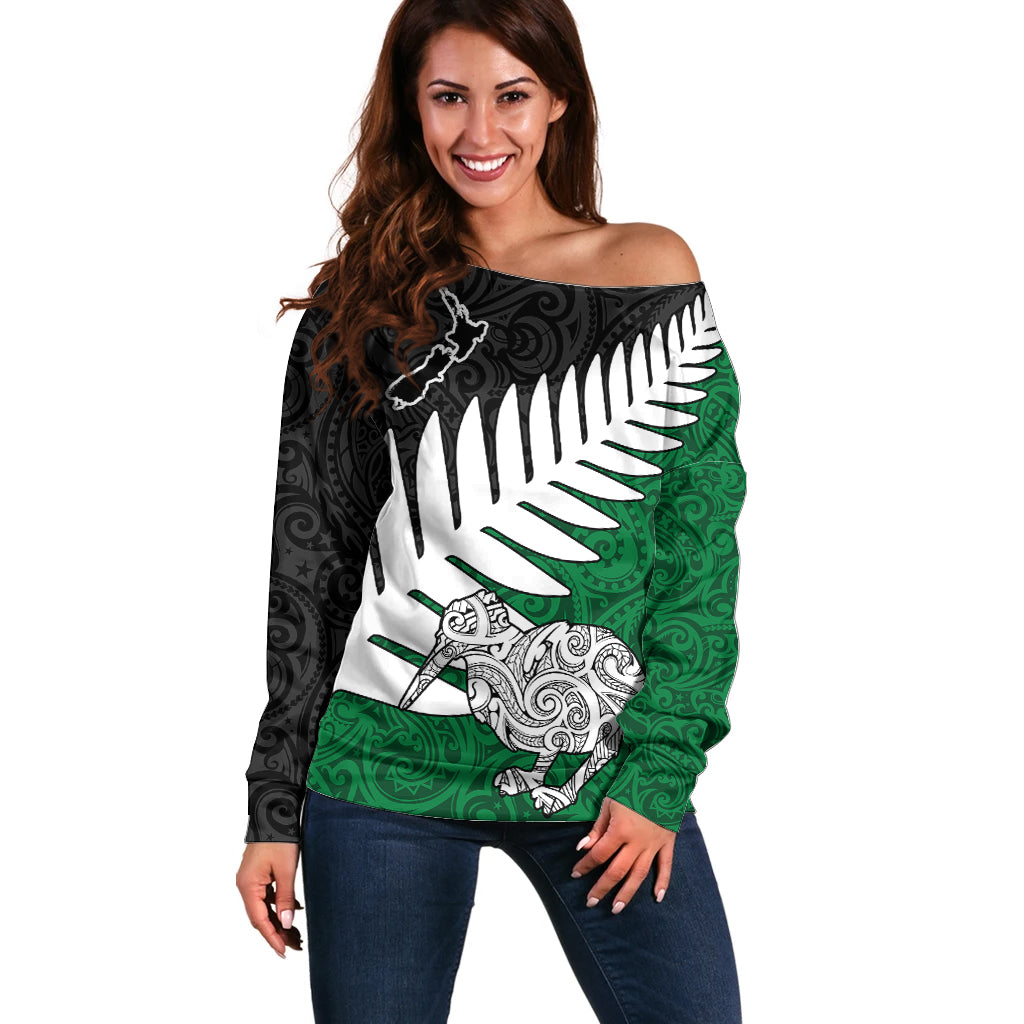 Aotearoa New Zealand Off Shoulder Sweater Silver Fern Kiwi Bird and NZ Map with Maori Tribal Green Style LT03 Women Green - Polynesian Pride