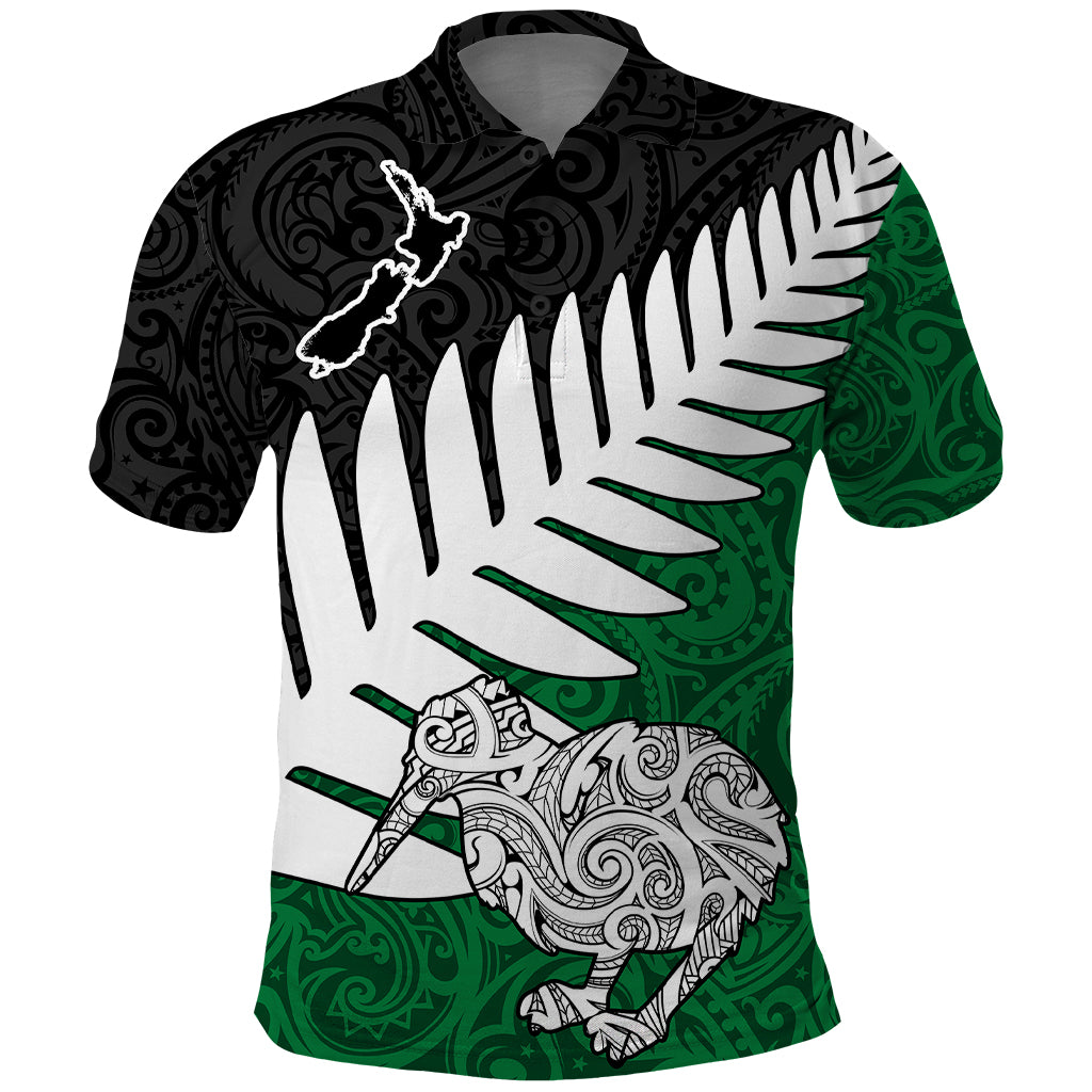 Aotearoa New Zealand Polo Shirt Silver Fern Kiwi Bird and NZ Map with Maori Tribal Green Style LT03 Green - Polynesian Pride